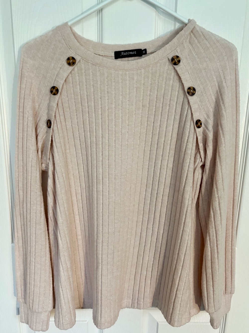 Women's Ribbed Button-Shoulder Sweater in Light Beige